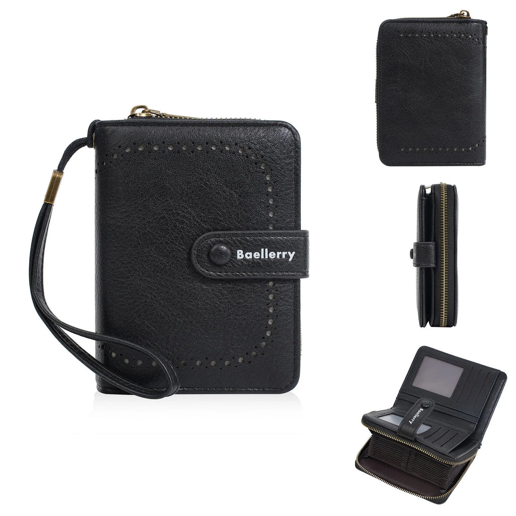 Women's compact zipper coin purse in PU leather with integrated card wallet showing anti-theft closure