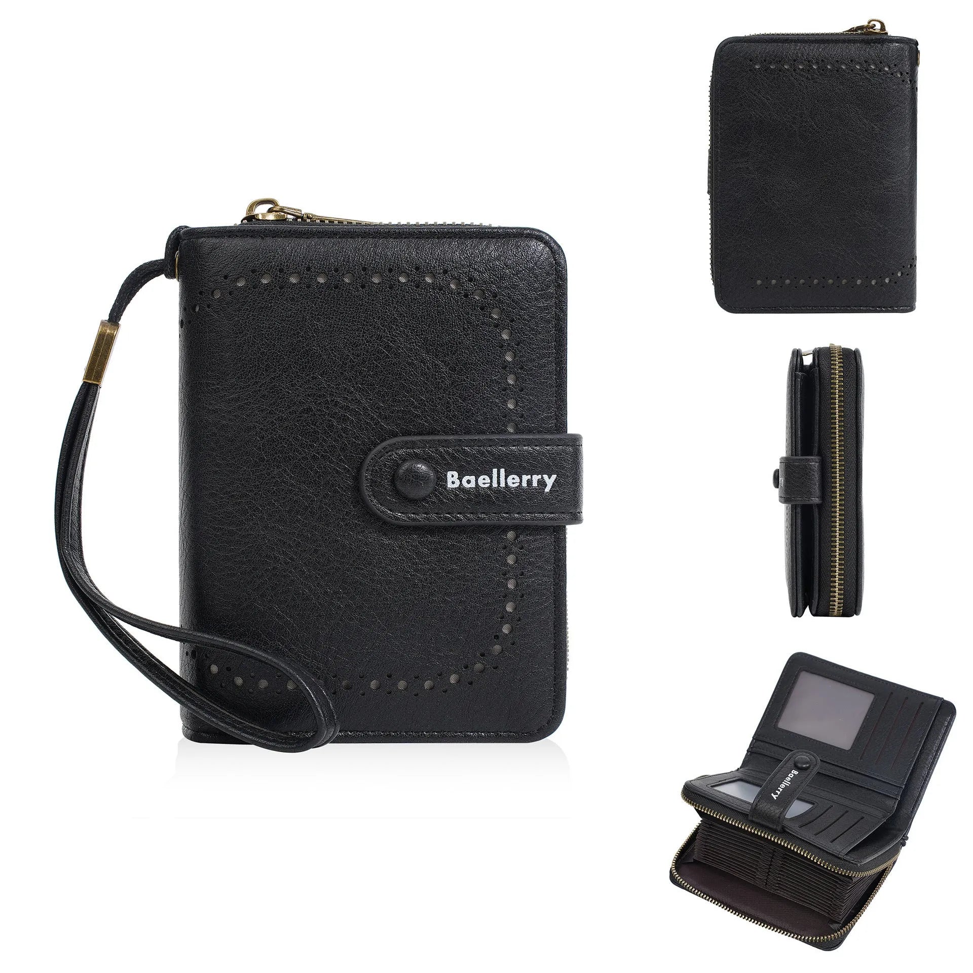 Women's compact zipper coin purse in PU leather with integrated card wallet showing anti-theft closure
