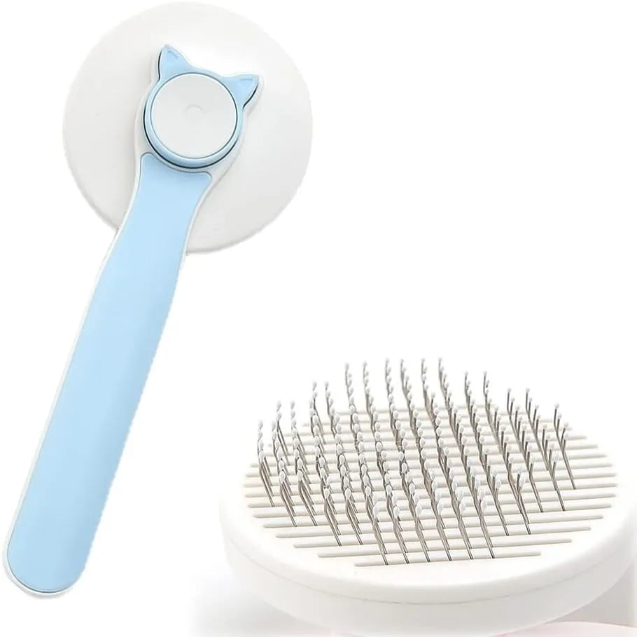 Blue self-cleaning cat brush with rubber-tipped metal pins and a non-slip handle.