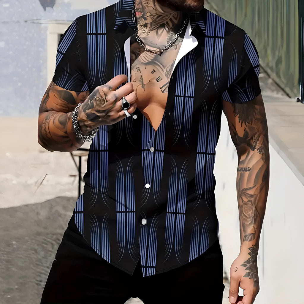 Men's slim fit short sleeve shirt featuring a geometric line style print on the lapel.
