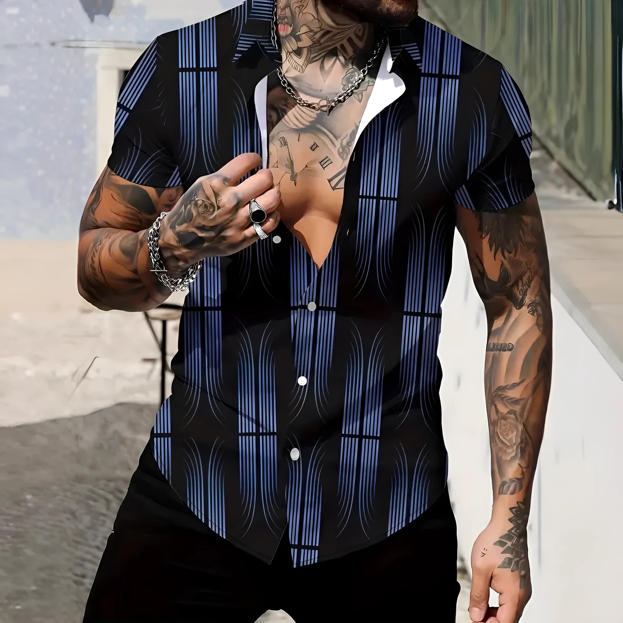 Men's slim fit short sleeve shirt featuring a geometric line style print on the lapel.