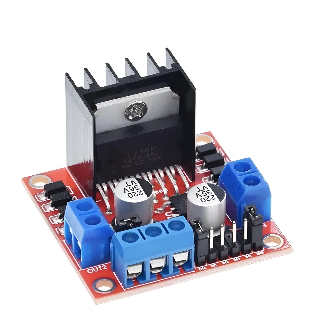 L298N dual H-bridge motor driver module on green PCB with screw terminals and pin headers