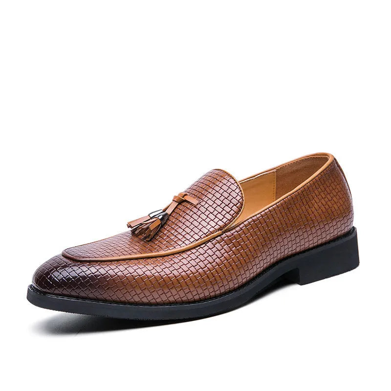 Men's black pointed slip on shoes with tassel detail on artificial PU upper