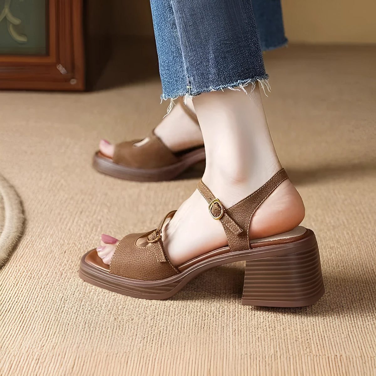 Women's open toe square toe platform sandals in brown colour with retro design