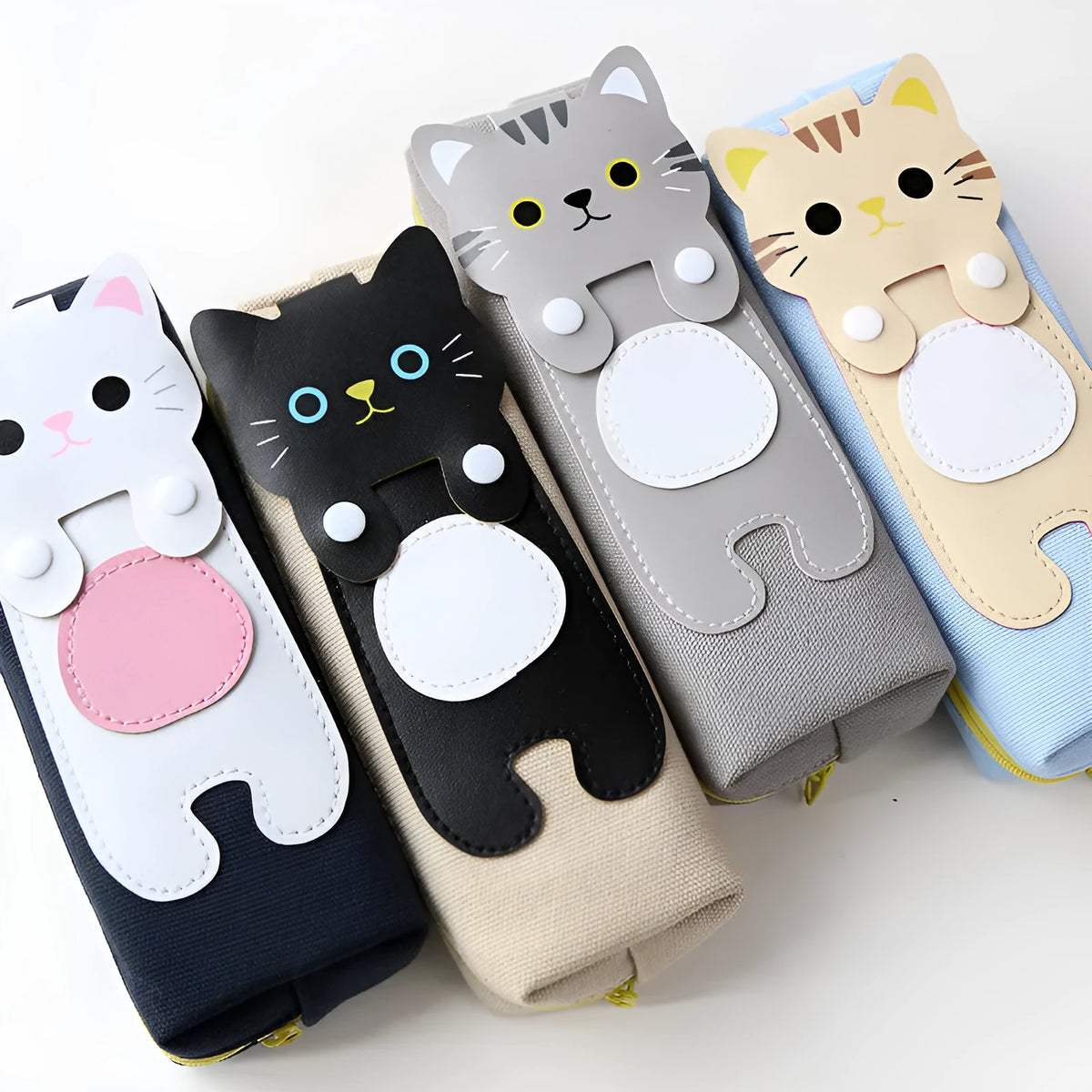 Cat cartoon canvas pencil case, square zipper pouch, 20x8cm, in blue beige grey or black