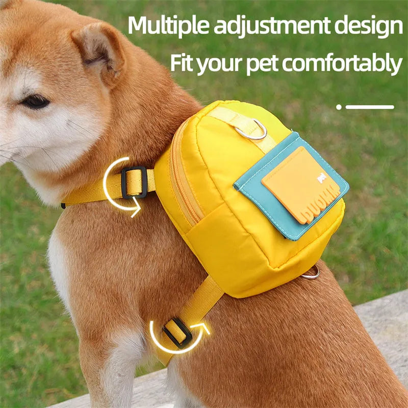 Blue adjustable pet backpack with harness and snack storage compartment for dogs