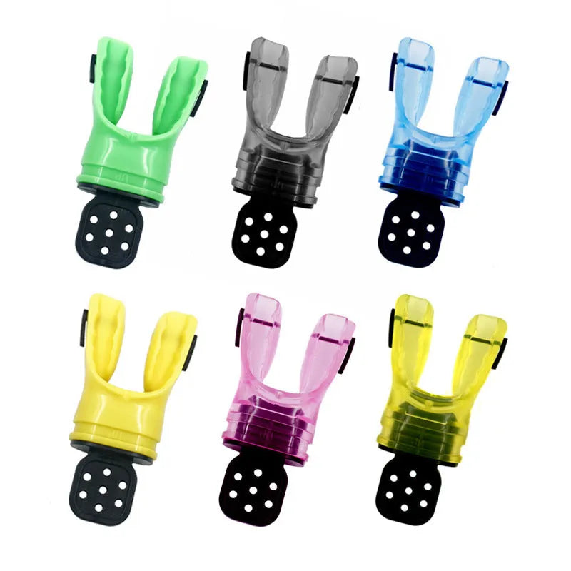 Edible silicone diving mouthpiece, 110mm long, shown in multiple colour options.