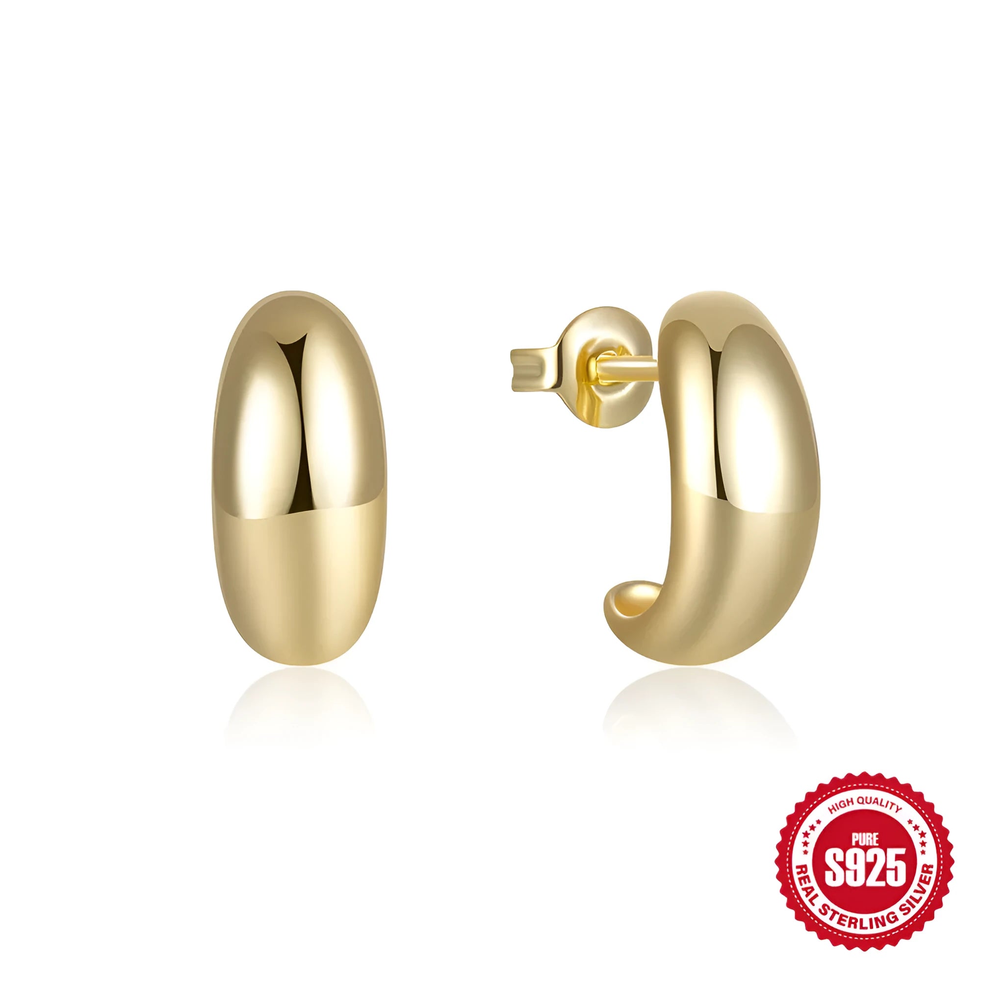 A single C-shaped sterling silver stud earring with a glossy gold or silver electroplated finish.