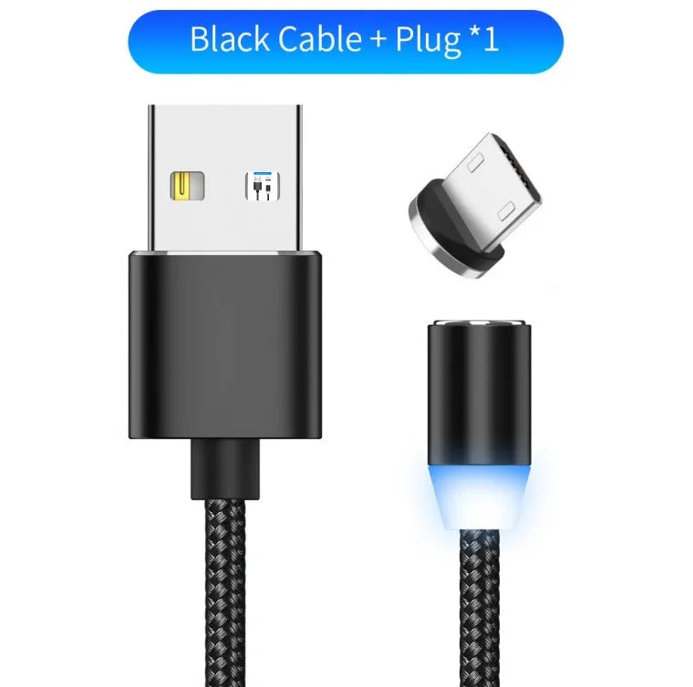 Black YBD 1m magnetic charging cable with LED light and cotton braided texture for iPhone and Android