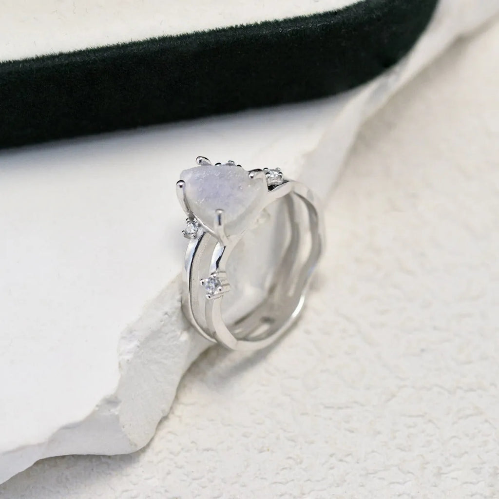 S925 sterling silver triangle moonstone ring with geometric design and electroplated gold finish options