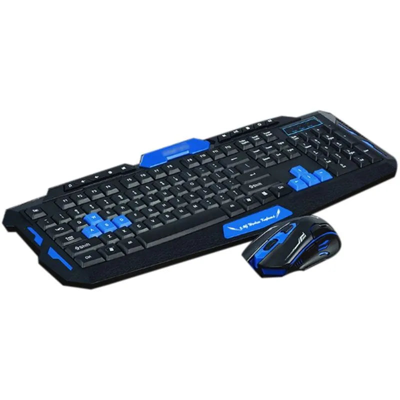 Blue and black wireless keyboard and mouse set on a desk with USB receiver.
