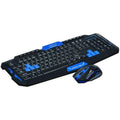 Blue and black wireless keyboard and mouse set on a desk with USB receiver.