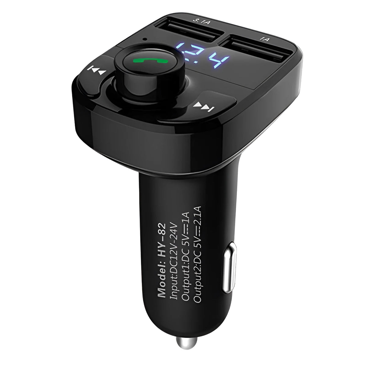 Car MP3 audio player and FM transmitter with dual USB charger, LED screen, 73x47x39mm, 30g.