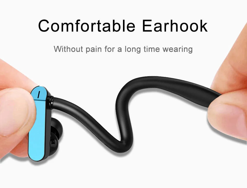 Black and blue sport ear hook earbuds with in-line microphone, shown with flexible hooks and silicone earbud tips