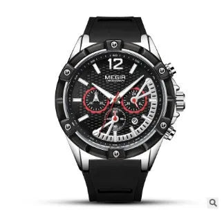 Men's fashion watch with 48mm case, 26mm band, luminous hands, chronograph and date display.