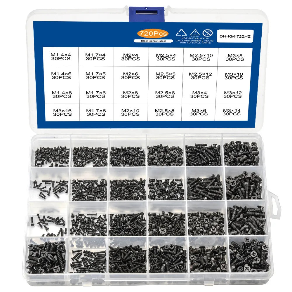 Black laptop machine screws with cross slot countersunk heads, 1.4mm diameter, in a box.