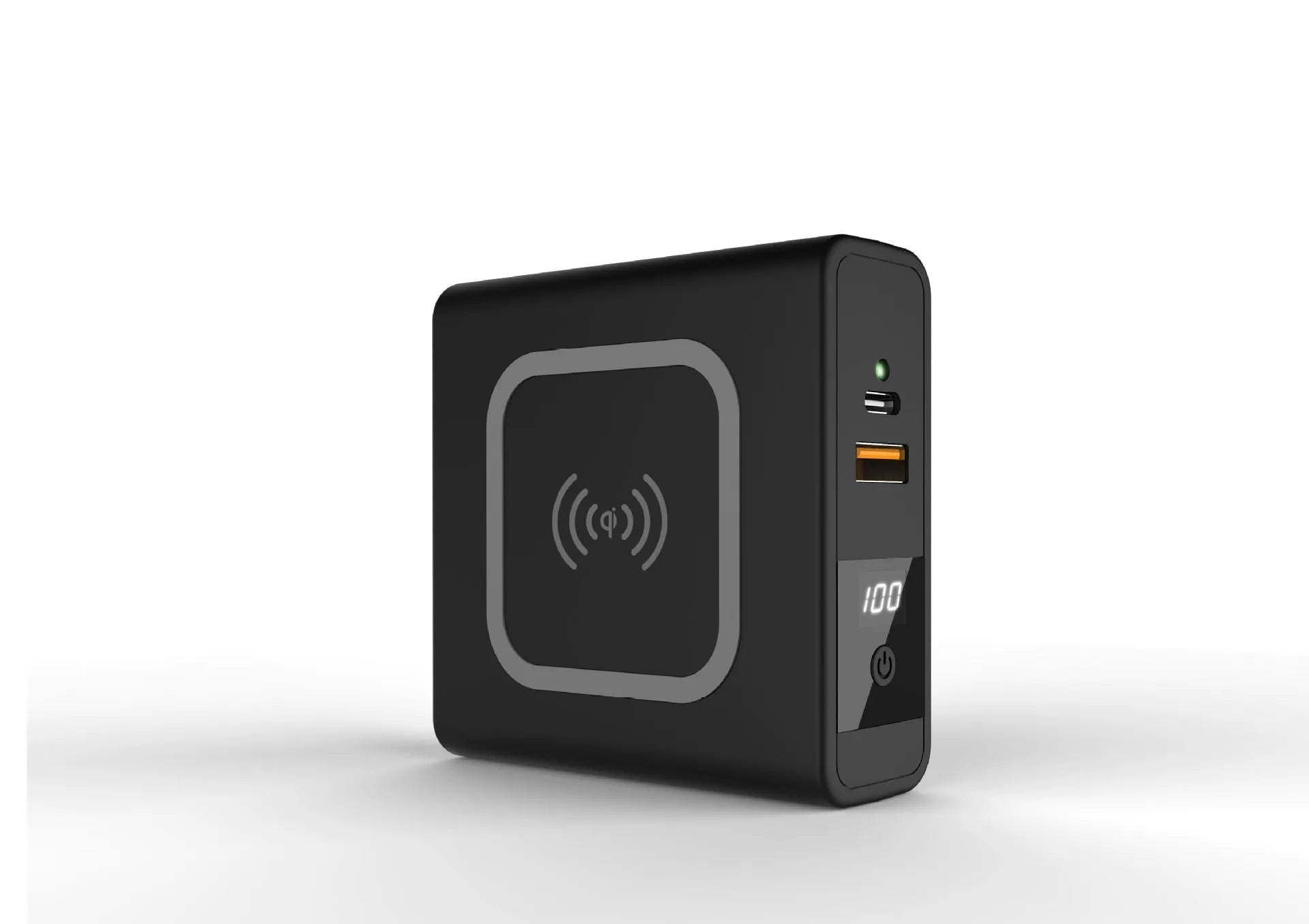 Black and white wireless charging power bank with foldable plug and set of four international travel adapter heads