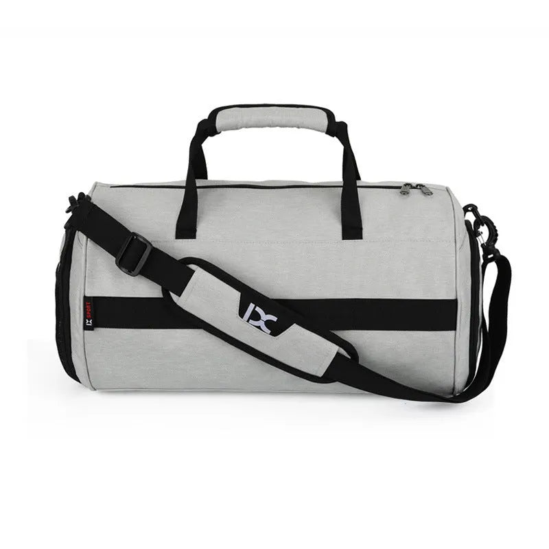 Men's waterproof nylon sports training bag in black or grey, large 45x26x26cm with dry wet separation and trolley strap, small 39x22x22cm