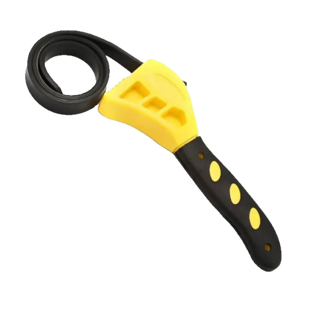 Adjustable rubber strap wrench showing plastic body and rubber strap in 6-inch and 8-inch sizes
