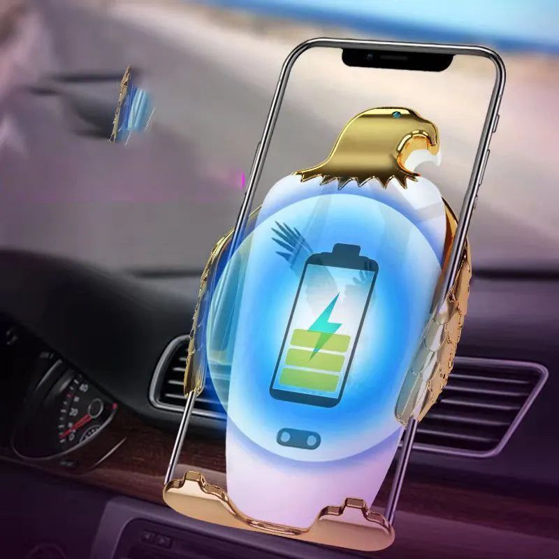 Car phone holder with wireless charging base and suction cup mount in black and gold colour with eagle design.