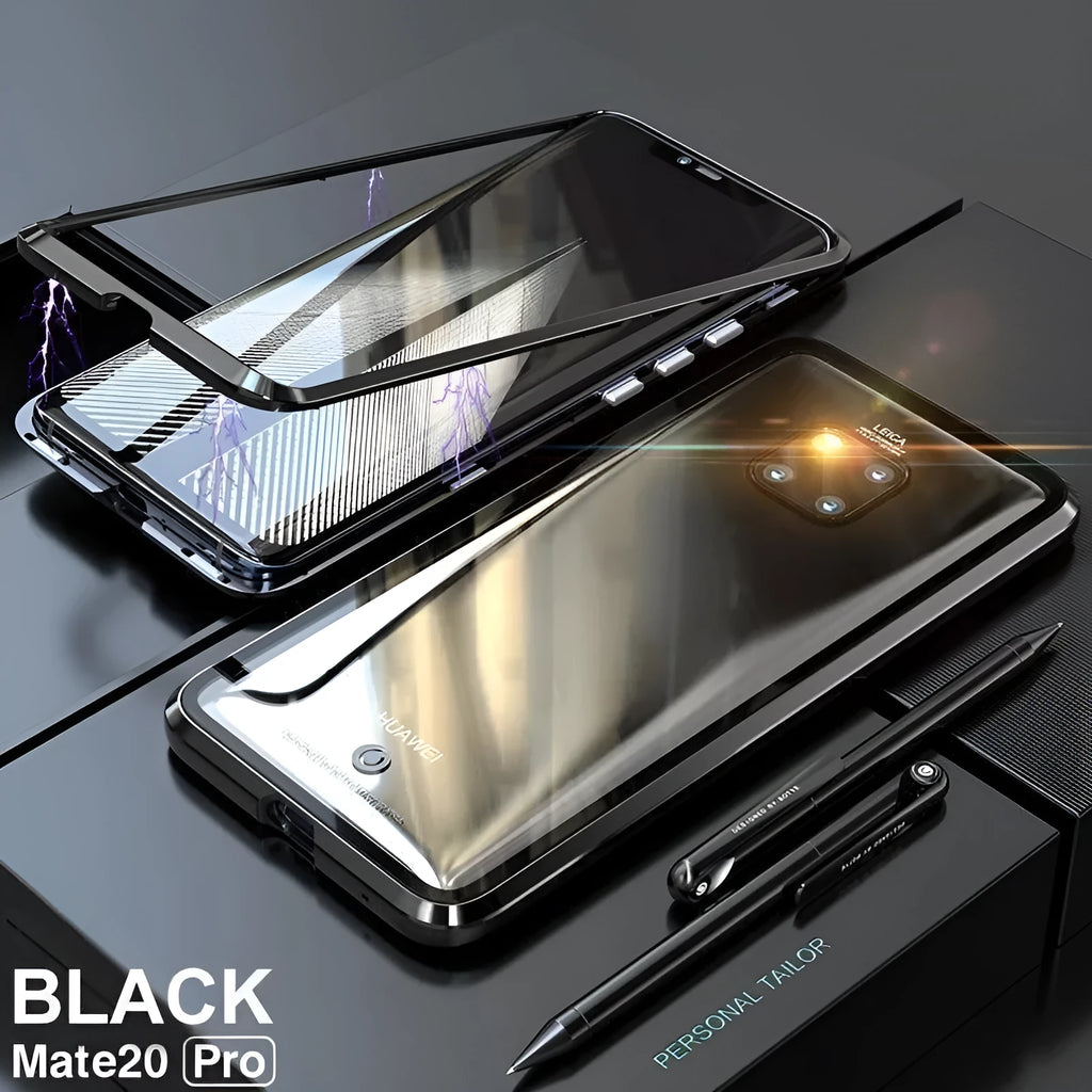 Magnetic Huawei phone case with metal frame and clear glass back showing phone design
