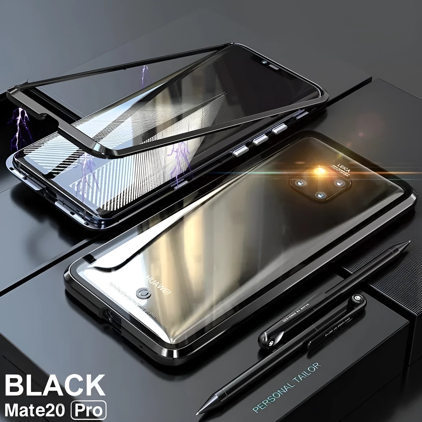 Magnetic Huawei phone case with metal frame and clear glass back showing phone design