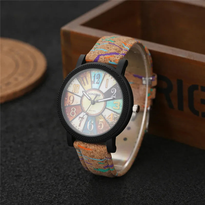 Women's vintage leather wrist watch with round dial and stainless steel buckle