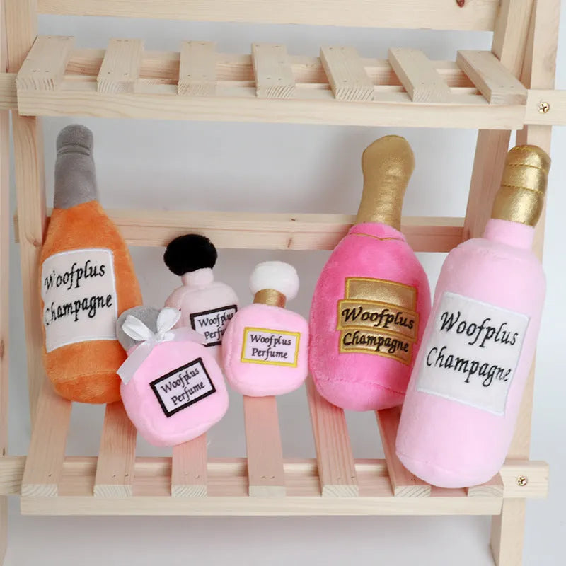 Plush wine bottle dog chew toy with squeaker for small medium dogs in multiple colour options