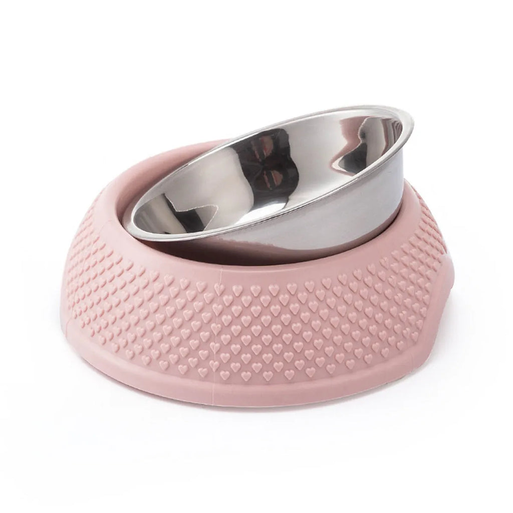 Stainless steel pet bowl with weighted non-slip base in blue, green, or pink colours