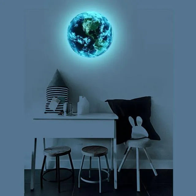 Glow in the dark 3D planet Earth wall sticker in PVC material showing luminous effect