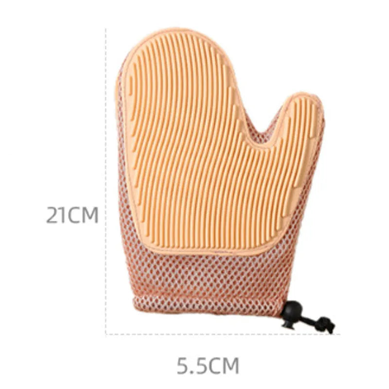 A dark blue mesh pet grooming glove for removing hair from dogs and cats.
