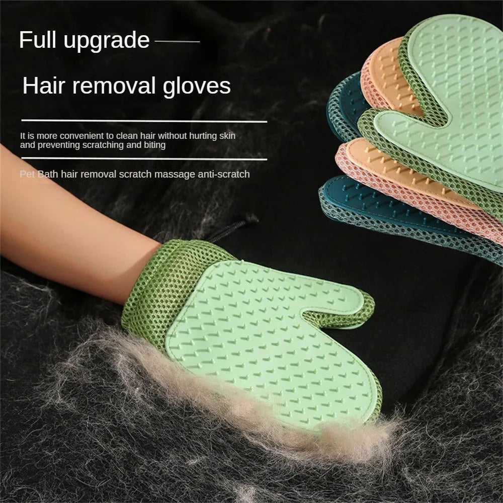 A dark blue mesh pet grooming glove for removing hair from dogs and cats.