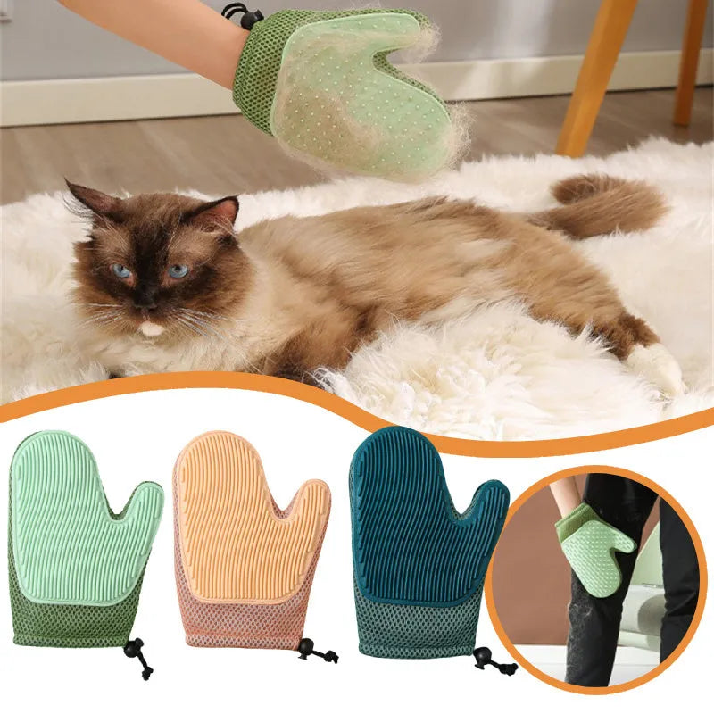 A dark blue mesh pet grooming glove for removing hair from dogs and cats.