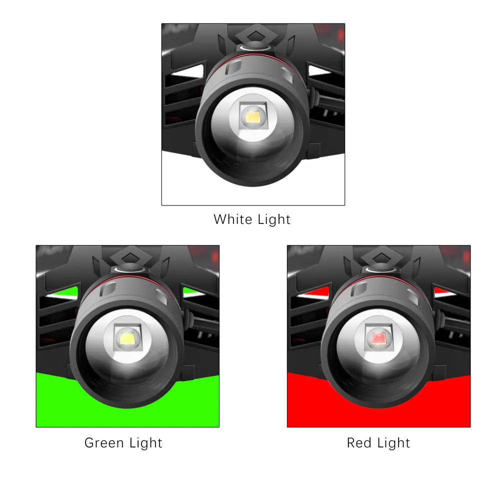 T6 LED headlamp with white green red lights showing zoomable lens and adjustable headband