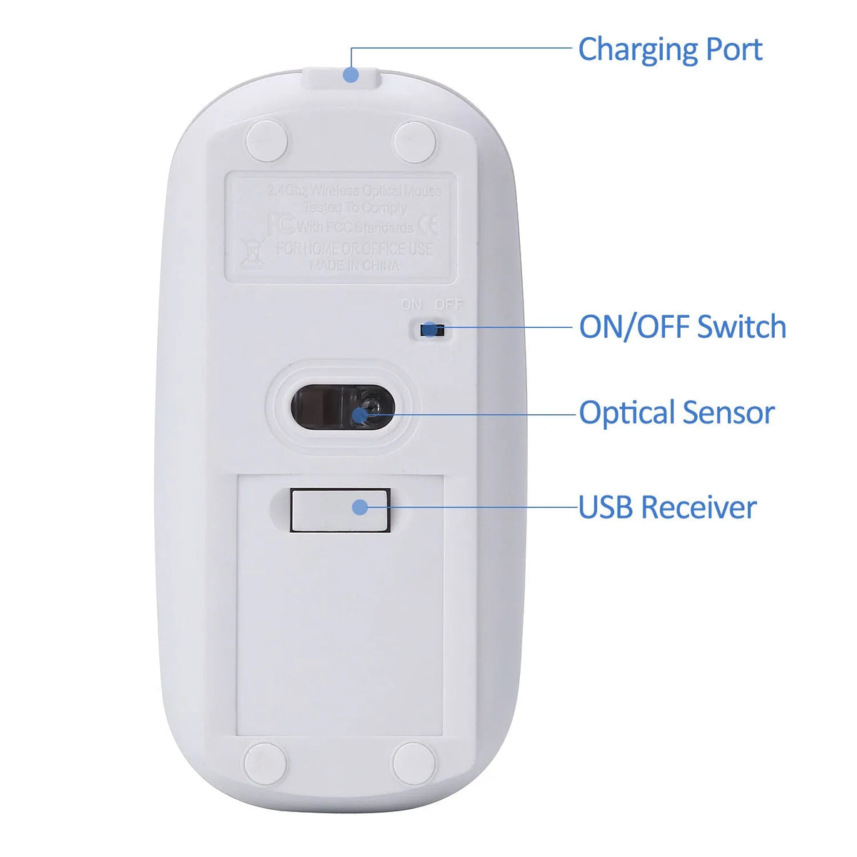 White wireless optical mouse, 2.4G, 11.2 x 5.7 x 2.0cm, adjustable 1600dpi, four keys, ABS body