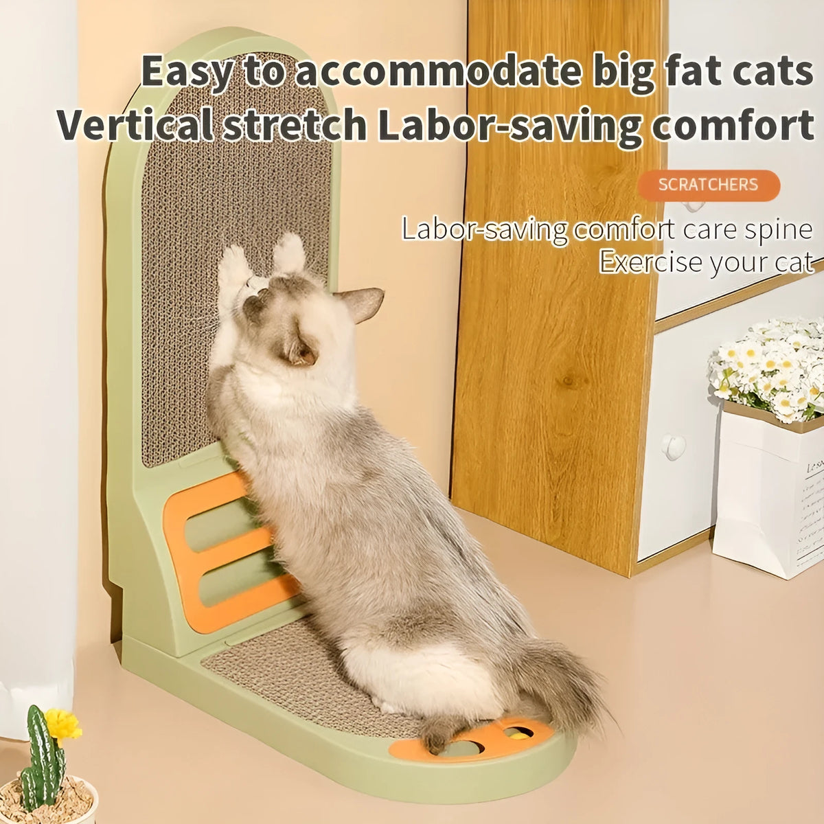 L-shaped vertical cat scratching board with grey sisal rope in a room corner