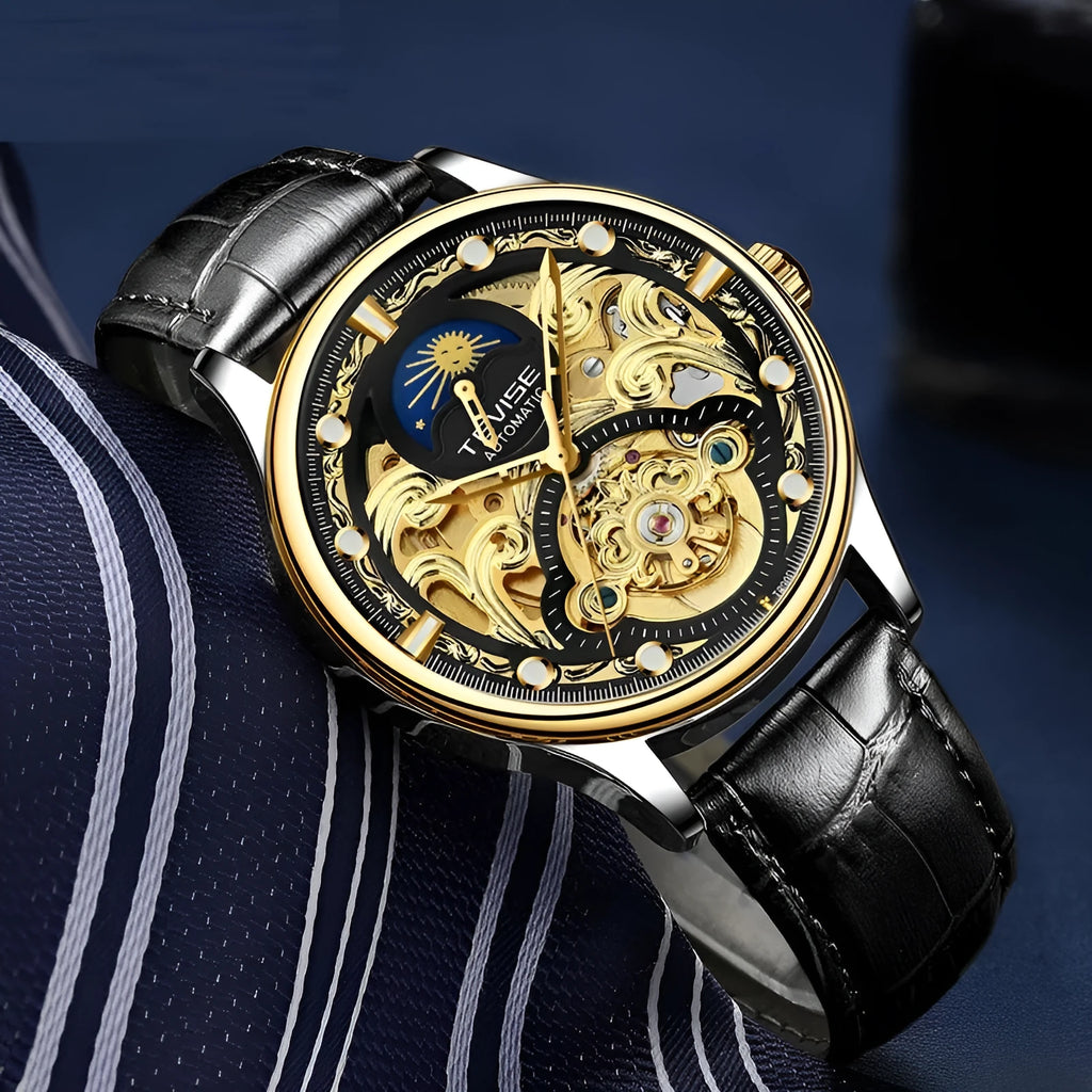 Men's waterproof automatic mechanical watch with 16mm thickness and leather strap