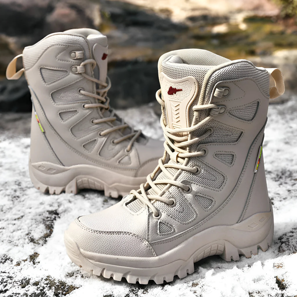 Cowhide leather hi-top hiking shoes with platform sole in beige colour