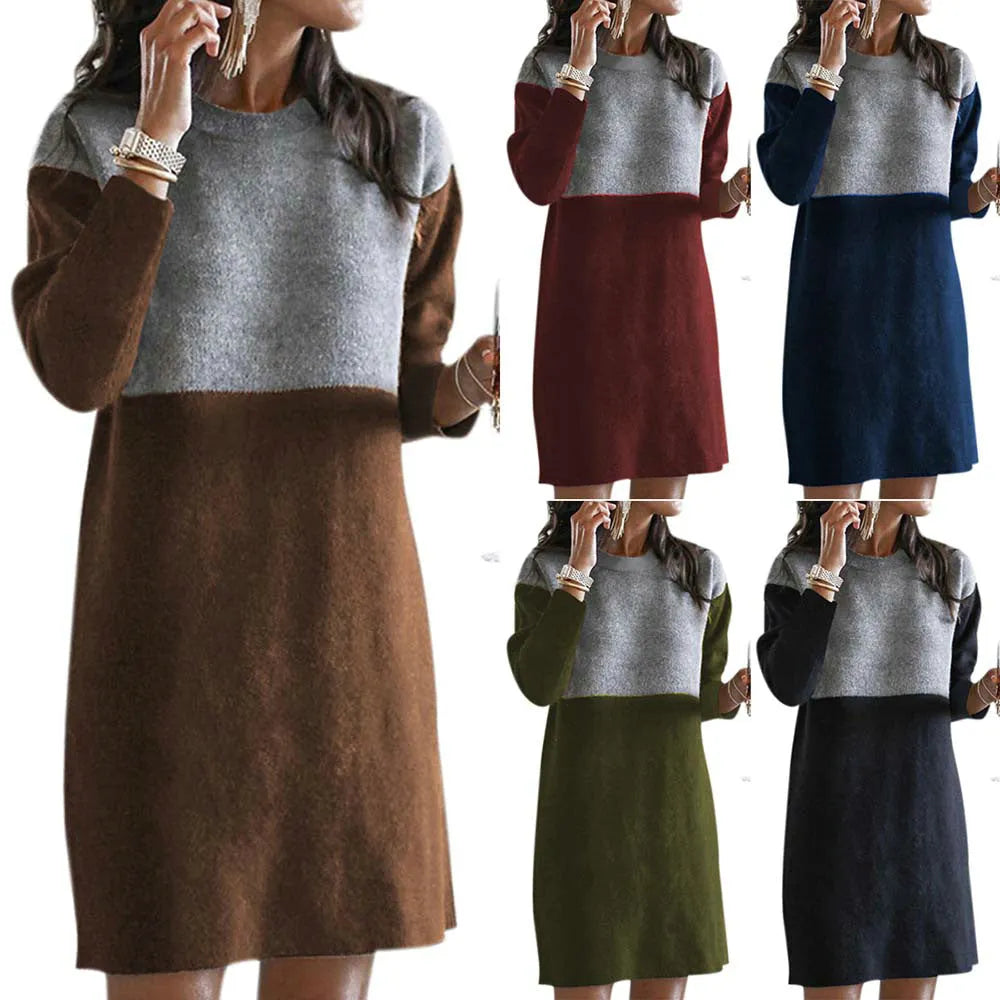 Brown women's long sleeve patchwork dress with round neck and loose princess skirt.