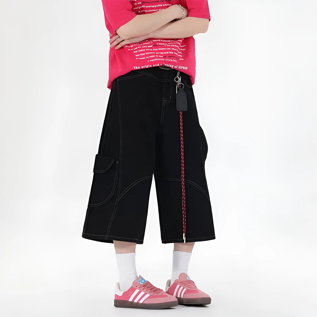 Retro denim wide-leg cropped trousers with multiple pockets, shown in red and black colour options.