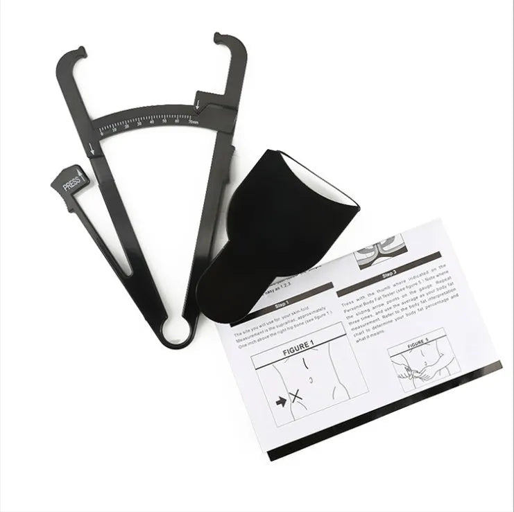 Black ABS body fat caliper with measurement tapes for skin fold thickness analysis