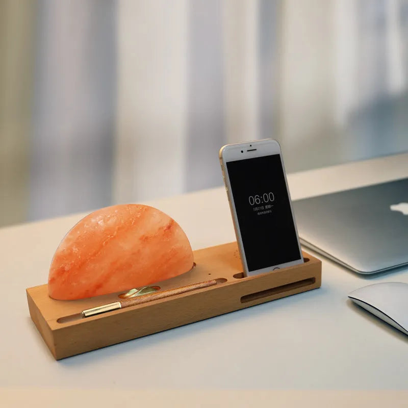 Sunrise Oriental natural crystal salt lamp with wireless phone charging on solid beech wood base