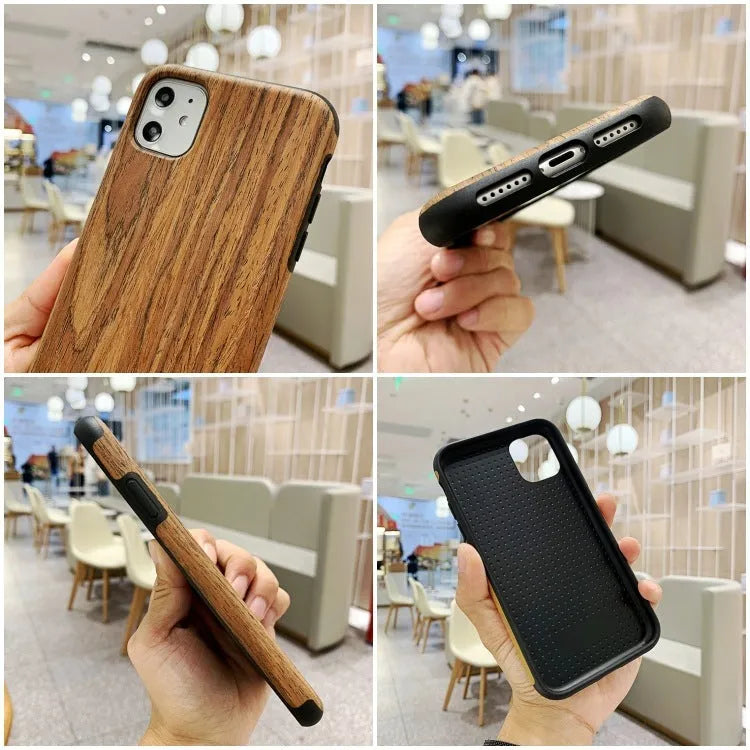 Wooden iPhone case with natural wood grain back cover showing rosewood, teak, black rose, and walnut colour options