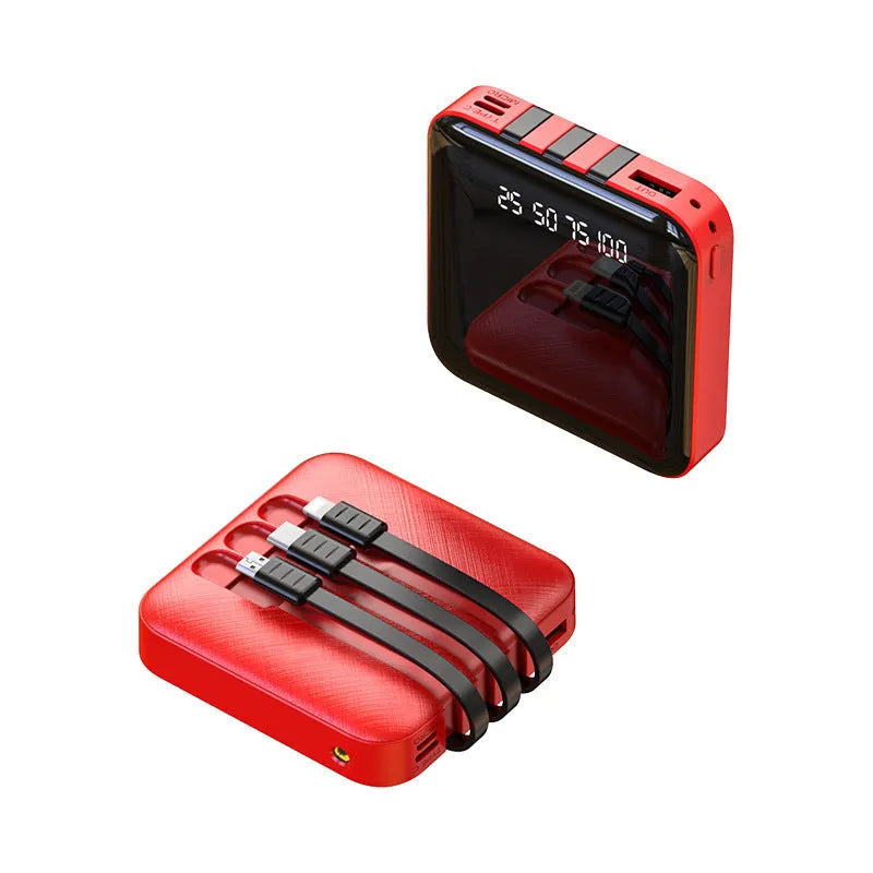 Black rectangular power bank with integrated charging cable showing 10000mAh capacity