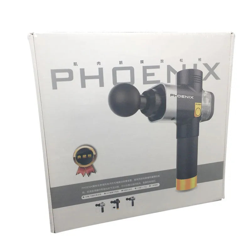 Black fascia massage gun with four different coloured attachment heads on a table.