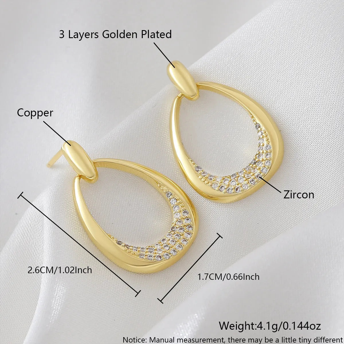 Women's yellow gold geometric drop earrings with zircon detailing, measuring 2.6cm by 1.7cm