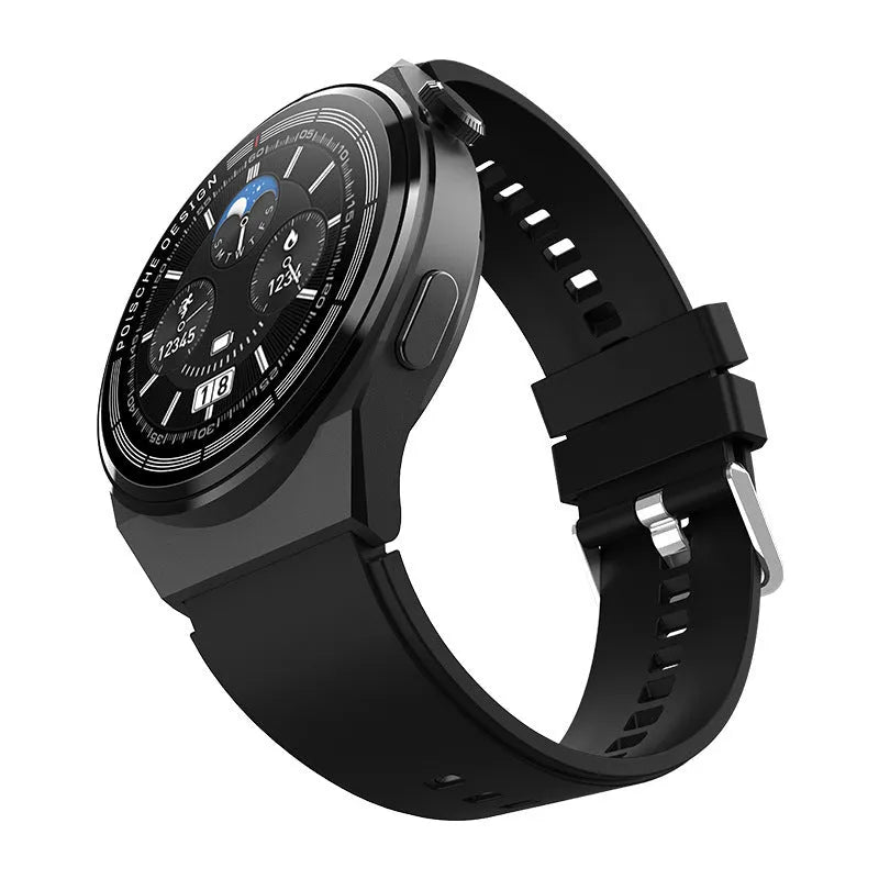 Circular smartwatch with colour screen showing health stats, featuring a silicone strap, for calls, payments, and access control.