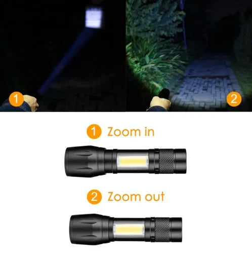 Mini black aluminum alloy telescopic LED flashlight with pocket clip showing zoom adjustment