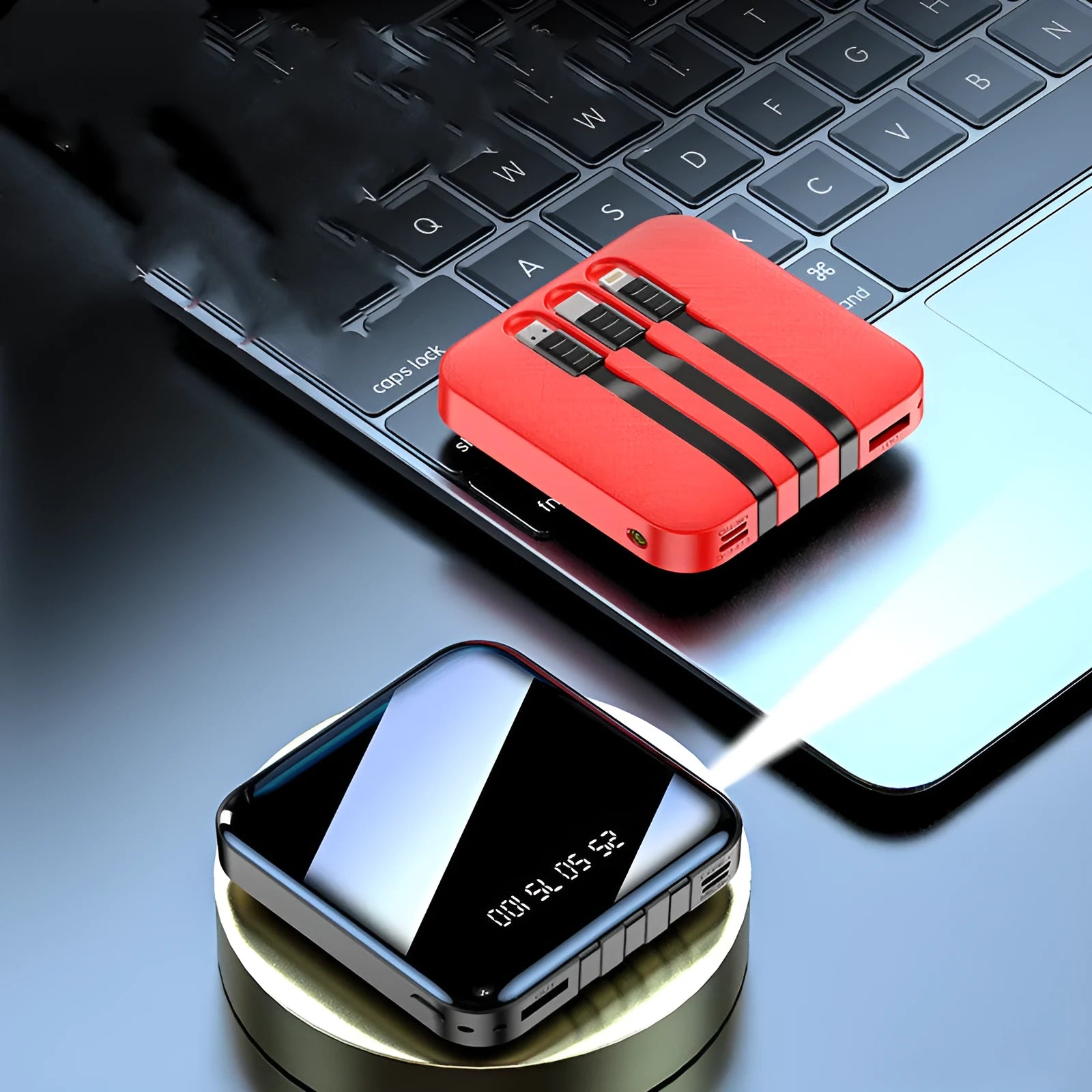 Black rectangular power bank with integrated charging cable showing 10000mAh capacity