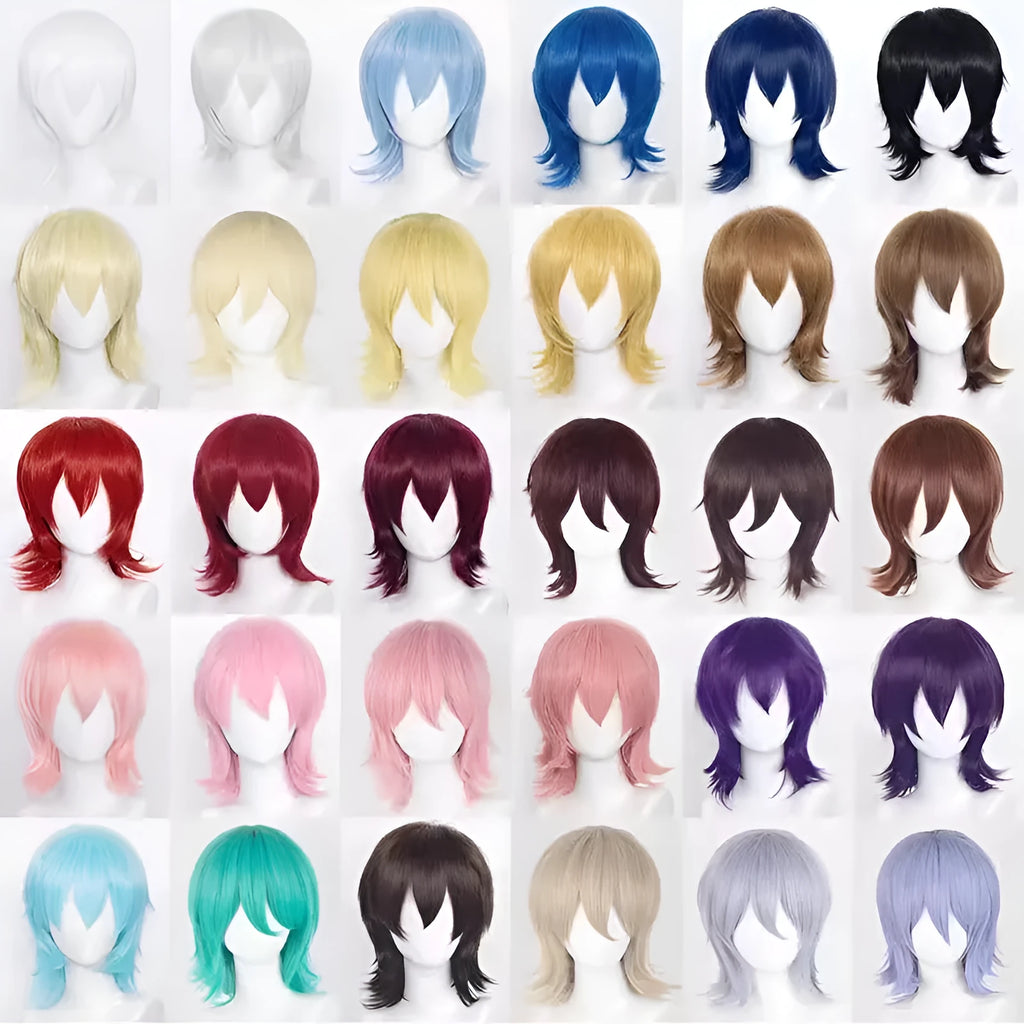 Short anime-style cosplay wig with a lengthened, straight hair tail on a wig stand.